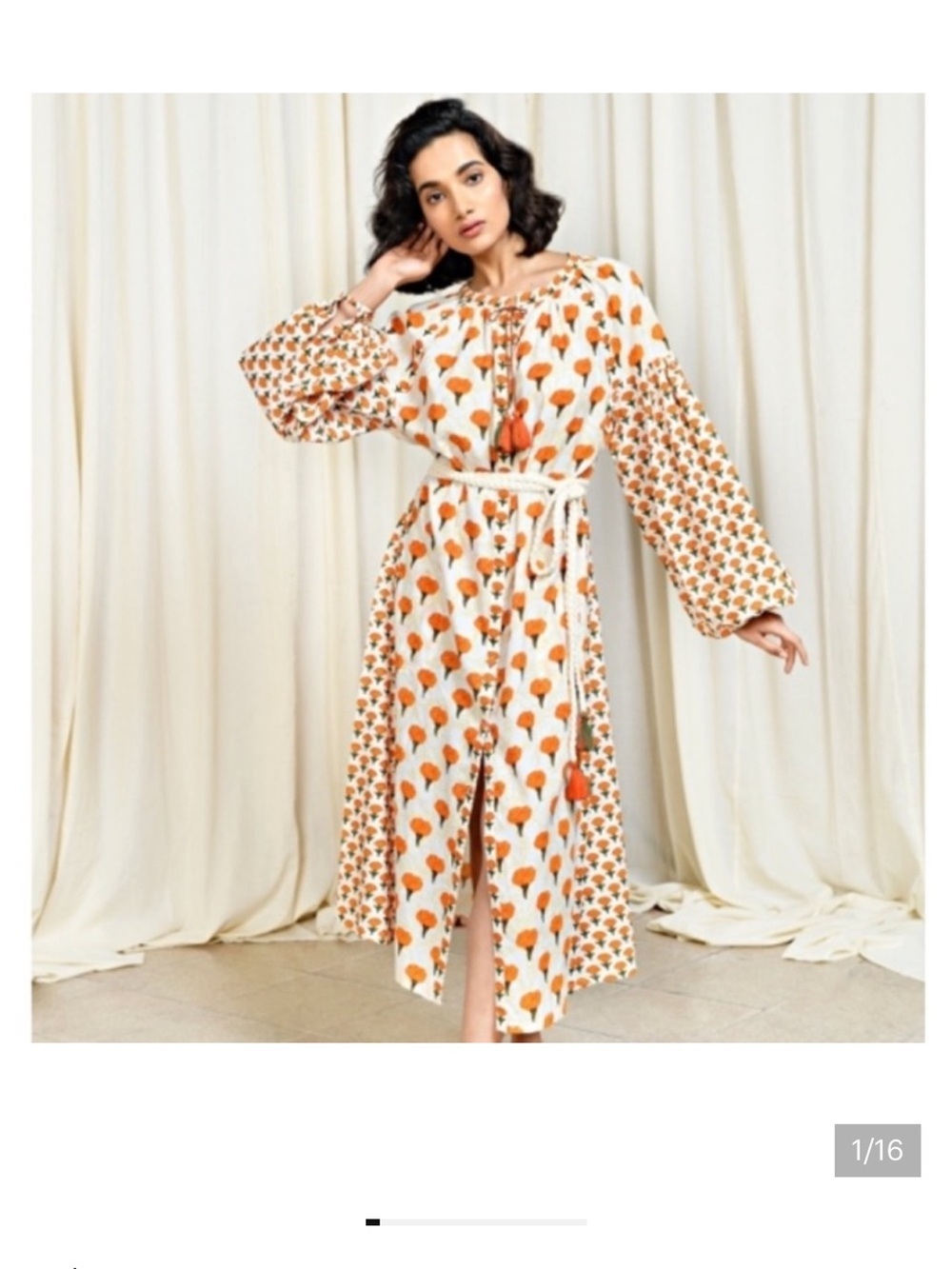 AISH India Cotton Block Print Dress M Boho Tassel Tie Belt Floral Cottagecore